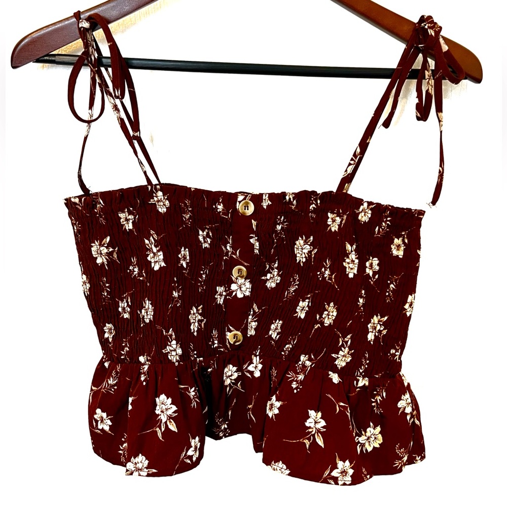 Paper Crane brown floral smocked boho crop top elastic straps festival large - Picture 1 of 8